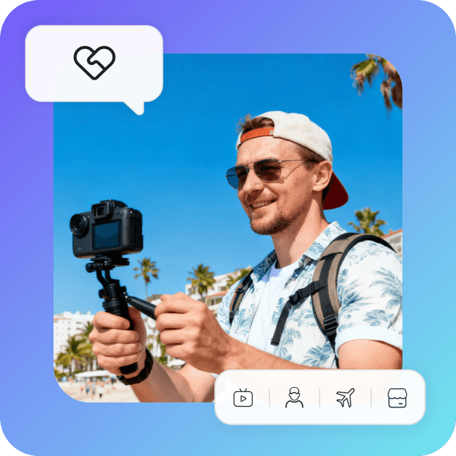 Travel content creator filming with a camera rig