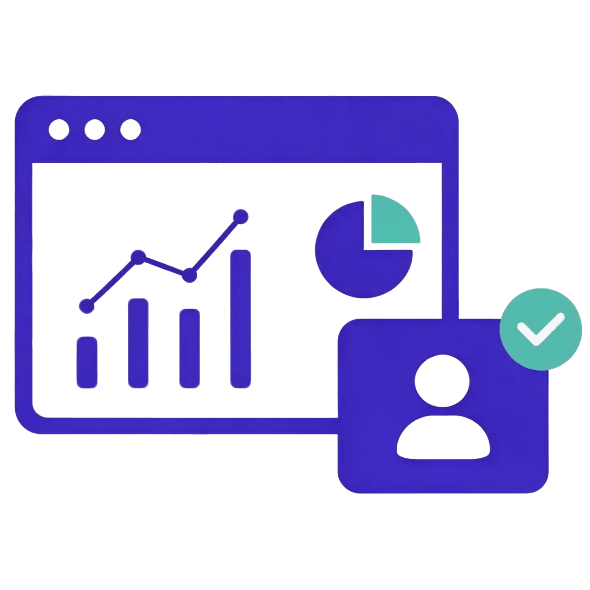 A dashboard of charts beside a verified account badge, representing the distribution portal
